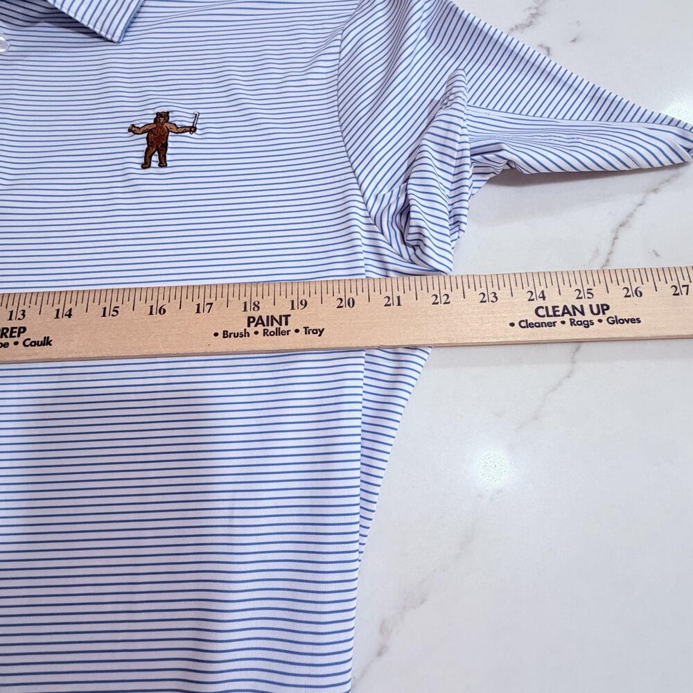 Grizzly Golf Polo Shirt Mens Large Blue White Stripe Performance Bear preppy - Picture 6 of 8